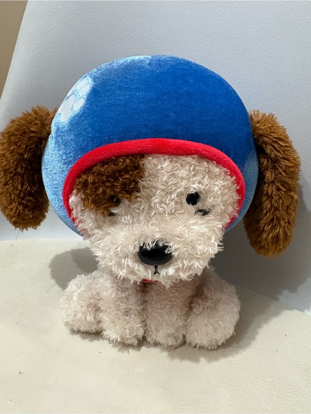 FAO Schwarz Plush Dog Toy with Blue Helmet and Red Trim